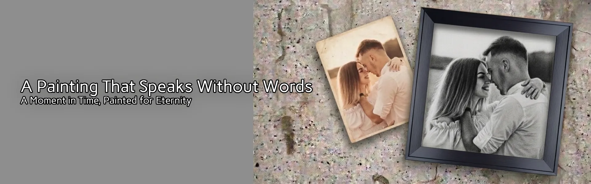 Custom couple charcoal portrait drawing showing photo‑to‑art transformation in ornate frame.